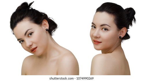 Beauty woman face portrait of mixed race Caucasian Asian female model isolated on white background