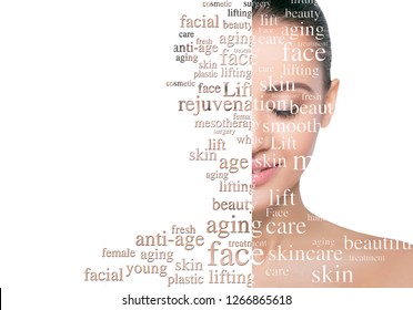 Beauty woman face with word on face showing cosmetology and aesthetic medicine concept. Lifting skin and rejuvenation skin