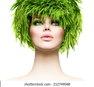 Beauty Woman with Fresh Green Grass Hair. Nature model girl portrait. 