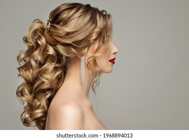Beauty Woman Hair Style. Bride Wedding Hairstyle Side View. Fashion Model Portrait with Elegant Curly Hairdo over Gray Background - Shutterstock ID 1968894013