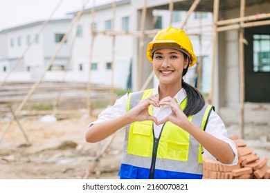 Beauty Woman Hand Love Sign Dressing As Engineer Worker Builder In Construction Site Background