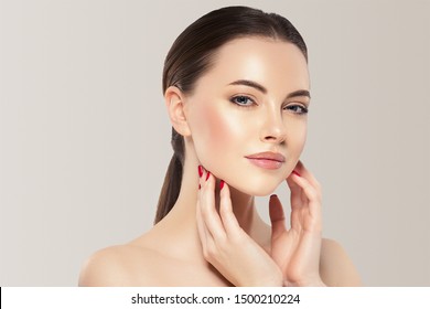 Beauty woman healthy skin concept natural makeup beautiful model girl face hands touching woth manicure nails - Shutterstock ID 1500210224