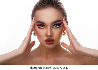 Beauty Woman Portrait. Professional Makeup For Model With Blue Eyes And Big Plump Lips. Red Lipstick, Colored Smoky Eyes. Isolated On A White Background.