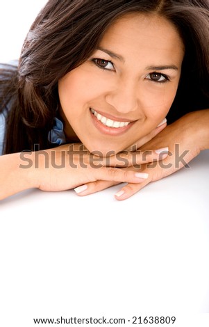 Similar – Image, Stock Photo Blonde woman leaning on a white wall while looking camera