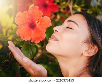 Beauty Woman, Smelling Flowers And Spring Season In A Garden Or Nature Park To Relax And Smell Tropical Flower On A Tree Outside. Smile Of A Happy Female Enjoying Her Vacation Holiday In Hawaii