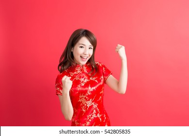 Beauty Woman Wear Cheongsam And Feel Excited With Chinese New Year