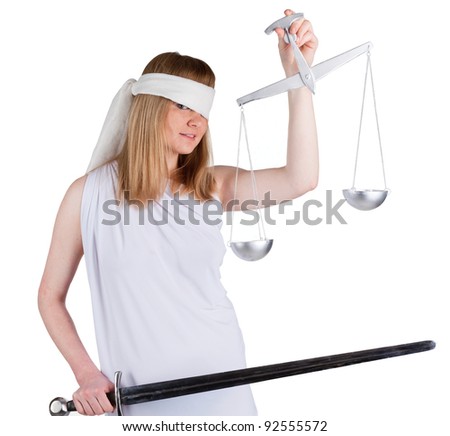 Beauty woman in white dress with a balance and a sword looking to you