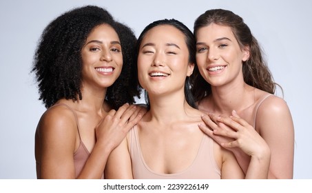 Beauty, women and diversity for skincare, cosmetics and makeup advertising while together with a smile and happiness for freedom, self love and glow. Face of female group with different skin color - Shutterstock ID 2239226149