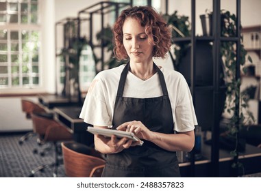 Beauty, work and woman with tablet in hair salon for job, planning and reading online appointment. Small business, stylist and person with tech in spa for client booking, portfolio and information - Powered by Shutterstock