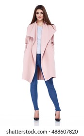 Beauty yang woman lady wear casual style for date wool coat pink color blue denim jeans shoes pretty face dark natural hair spring autumn collection glamor model fashion clothes white background
