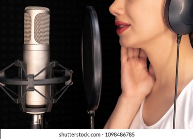 Beauty Young Dubbing Artist Girl In Recording Studio Talking Into Microphone