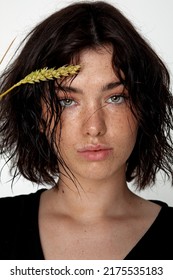 Beauty Young Woman Face With A Lot Of Freckles And Natural Lips, Wheat  Near Face, Close Up, Thicker Eyebrows