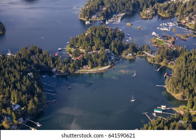 Beaver Island In Sunshine Coast, British Columbia, Canada, During A Cloudy Evening From An Aerial View.