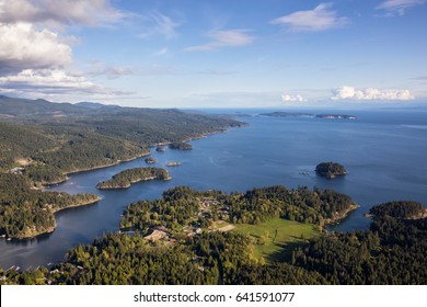 Beaver Island In Sunshine Coast, British Columbia, Canada, During A Cloudy Evening From An Aerial View.