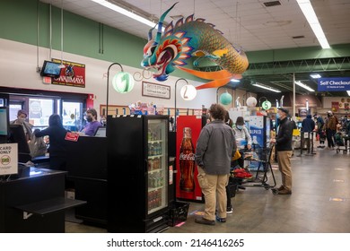 Beaverton, OR, USA - Feb 25, 2022: Checkout lanes in the Uwajimaya store, an Asian market and grocery store in Beaverton, Oregon.
