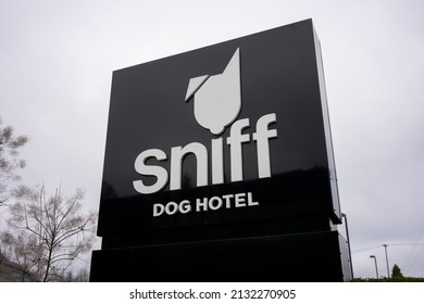 Beaverton, OR, USA - Jan 21, 2022: Closeup of the Sniff Dog Hotel sign outside its location in Beaverton, Oregon. The boutique dog hotel offers pet boarding, daycare, training, grooming and retail.