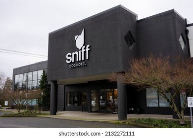 Beaverton, OR, USA - Jan 21, 2022: Exterior view of the Sniff Dog Hotel in Beaverton, Oregon. The boutique dog hotel offers pet boarding, daycare, training, grooming and retail services.