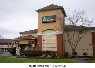 Beaverton, OR, USA - Jan 21, 2022: Exterior view of an Extended Stay America hotel in Beaverton, Oregon. Extended Stay America is an economy apartment hotel chain in the United States and Canada.