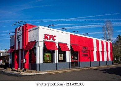 Beaverton, OR, USA - Jan 25, 2022: Exterior view of a KFC restaurant in Beaverton, Oregon. KFC is a fast food restaurant chain headquartered in Louisville, Kentucky, specializing in fried chicken.