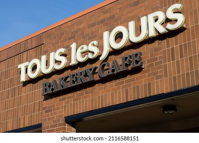 Beaverton, OR, USA - Jan 28, 2022: Closeup of the TOUS les JOURS logo seen at one of its bakery cafes in Beaverton, Oregon. Tous les Jours is a South Korean bakery franchise owned by CJ Foodville.