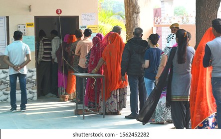 Beawar, India - November 16, 2019: Voters Wait In A Queue To Cast Their Votes At A Polling Station During The Municipal Elections (Civic Body Polls) In Beawar, Rajasthan, India. Photo/Sumit Saraswat