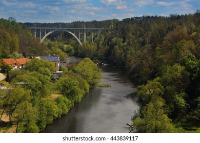 Bechyne - view to Luznice river valley with Duha (rainbow) bridge - Czech republic - Shutterstock ID 443839117