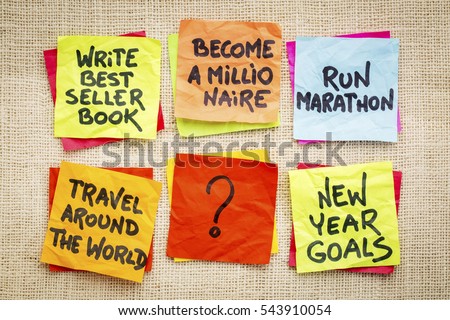 become a millionaire and other unrealistic new year goals or resolutions - colorful sticky notes on canvas