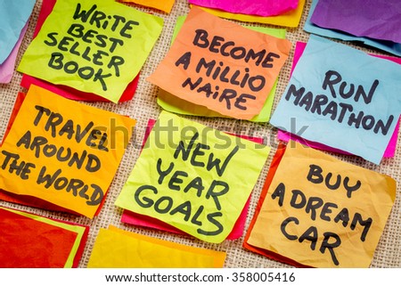 become a millionaire and unrealistic new year goals or resolutions - colorful sticky notes on canvas