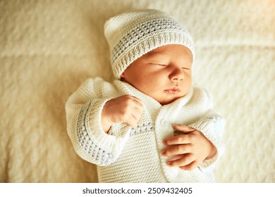 Bed, above and newborn baby in home, sleeping and exhausted child for development in dream. Person, nap and tired kid for resting in nursery bedroom, growth and infant relax for peace on weekend - Powered by Shutterstock