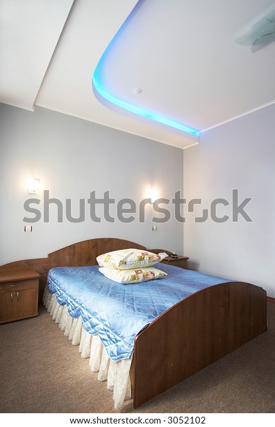 Bed Dark Blue Coverlet Bedroom Modern Stock Photo Edit Now 3052102