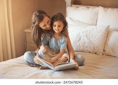 Bed, mom and child with book, reading and bonding for fun, education and love in home. Story, woman and girl together in bedroom for storytelling, learning and relax with care, growth and development - Powered by Shutterstock