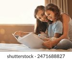 Bed, mom and daughter with book, smile and bonding for story, education and learning in home. Reading, woman and child in bedroom for storytelling, happy and relax with care, growth and development