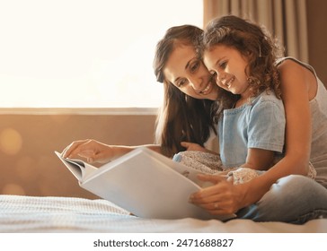 Bed, mom and daughter with book, smile and bonding for story, education and learning in home. Reading, woman and child in bedroom for storytelling, happy and relax with care, growth and development - Powered by Shutterstock