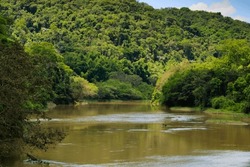 Bed Of The Paraiba Do Sul River, Skirting The Hills Covered By Native Vegetation.