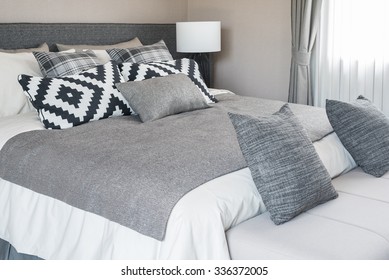 Bed And Pillows In Modern Bedroom, Black And White Color Tone