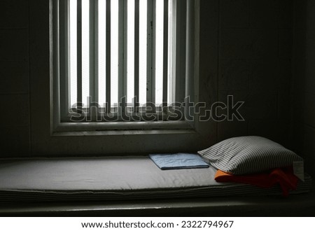 bed in prison cell with bars over window pillow on bed orange blanket folded under pillow light coming in window lighting up bed horizontal format room for type incarceration criminal jail backdrop 