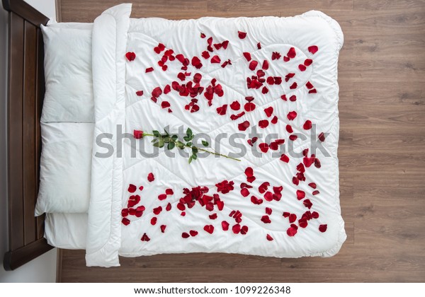 The bed with a\
rose petals. view from\
above