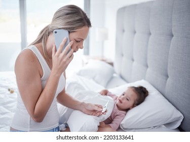 Bed, Sick Girl And Mother Phone A Doctor Feeling Stress Reading Thermometer Results. Mom On A Mobile Call Listen And Help With Child Health Care For Kid In A House Bedroom Feeling Anxiety From Covid