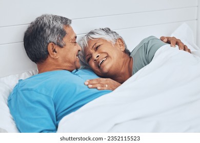 Bed, smile and senior couple with love, relax and marriage with retirement, relationship and conversation. Morning, elderly man and old woman with romance, bedroom and trust with peace, home and care - Powered by Shutterstock