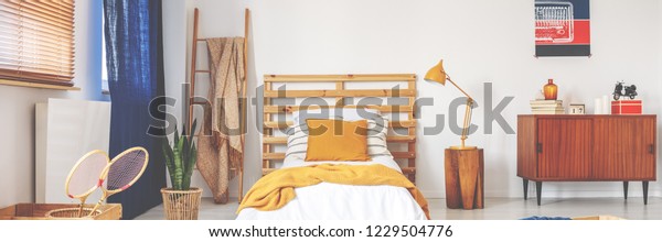 Bed Wooden Bedhead White Sheets Ochre Stock Photo Edit Now