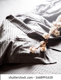 Bedding Is Gray. Soft Natural Fabric Is Cotton, Satin, Linen.