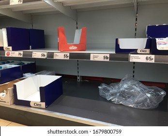 Bedford, Bedfordshire, UK - March, 2020: Empty Shelves In Supermarket After Customers Panic Buying