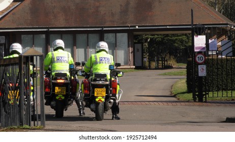 Bedford, UK - February 2 2021: Capt Sir Tom Moore Funeral, Flypast, Gun Salute, Hearse Arrival At Bedford Crematorium 