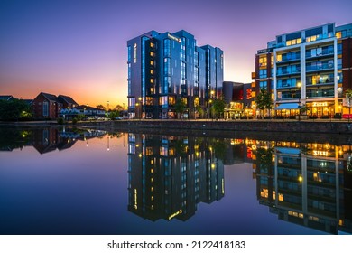 Bedford,England-June,2021: The hotel of Premier Inn at on riverside of Bedford.Premier Inn is a British hotel chain and the UK's largest hotel brand