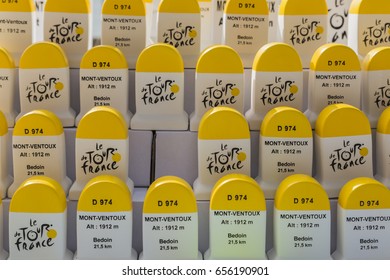 BEDOIN, FRANCE - 14 JULY, 2016: Detail Of A Stand With Souvenirs Of Tour De France Featuring Artisanal Milstones Of The Road To The Top Of Mont Ventoux. This Road Is Often Included In Tour De France.