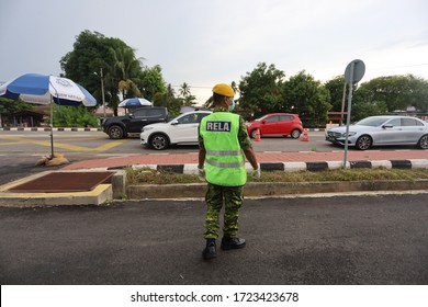 Bedong, Malaysia - April 23, 2020: Road Block By Royal Malaysia Police Supported With Malaysian Army And RELA During Movement Control Order To Prevent And Stop The Spread Of Covid-19 