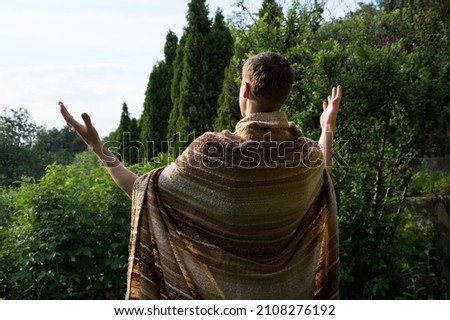 Bedouin rabbi antique guy scarf veil hat style. Old bible Jesus Christ human faith sign icon symbol. Vintage biblic jewish cartoon preacher. Asia robe tunic rear behind arm up jew winner Moses view