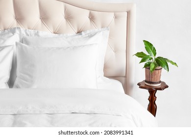 Bedroom with bed, white bedding, and bedside table with indoor flower in a pot. White pillows, duvet and duvet case on bed with beige headboard.  Bed with clean white pillows and bed sheets.