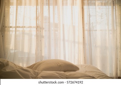 Bedroom Beside Window And Sunlight In The Morning Horizontal Background