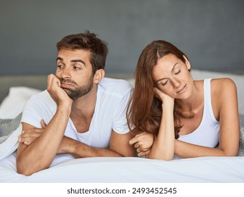 Bedroom, bored and ignore with couple, divorce and home with argument, emotion and separate. People, tension or man with woman, dispute and crisis with marriage, conflict or stress with relationship - Powered by Shutterstock